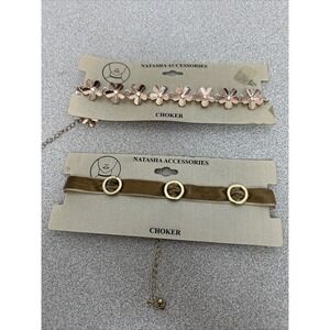 Vintage‎ Woman's Chokers, Lot Of 2, Ringed Velvet And Metal Flowers, Adjustable